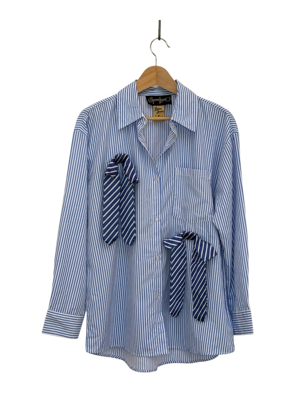 Vintage Spoon Jeans Striped Bow Detail Button Down Shirt Size Large Blue White
